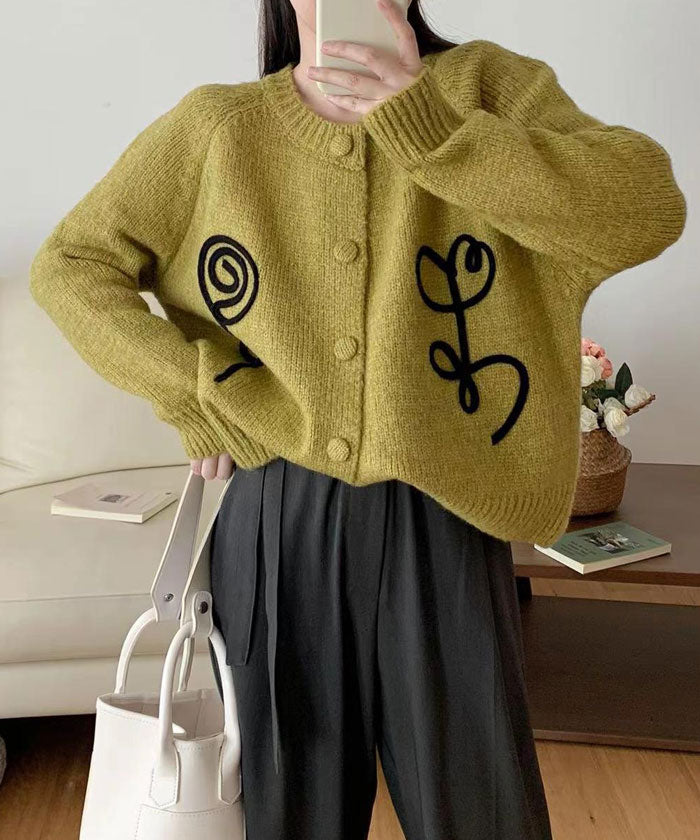 ビビッドレディ VIVIDLADY 刺しゅう入りクルーネックニットカーディガン レディース ショート丈 ニットかわいい レディース クルーネック ニットカーデ （イエローグリーン） イエローグリーン