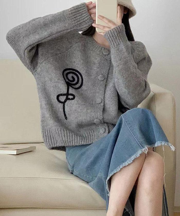 ビビッドレディ VIVIDLADY 刺しゅう入りクルーネックニットカーディガン レディース ショート丈 ニットかわいい レディース クルーネック ニットカーデ （グレー） グレー