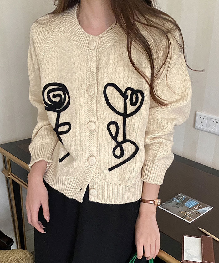 ビビッドレディ VIVIDLADY 刺しゅう入りクルーネックニットカーディガン レディース ショート丈 ニットかわいい レディース クルーネック ニットカーデ （アイボリー） アイボリー