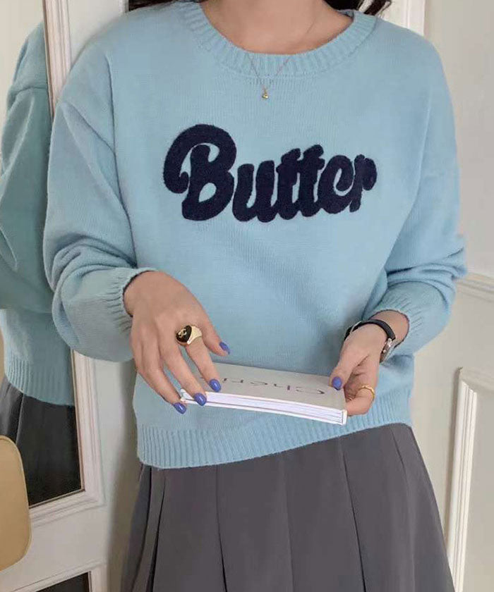 ビビッドレディ VIVIDLADY クルーネックニット セーター ニット ニットセーター ニットセーター レディース butter ロゴニット 長袖 秋冬 （スカイブルー） スカイブルー