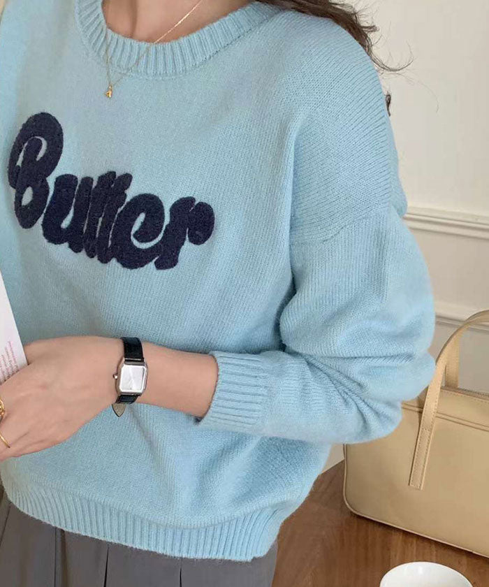 ビビッドレディ VIVIDLADY クルーネックニット セーター ニット ニットセーター ニットセーター レディース butter ロゴニット 長袖 秋冬 （スカイブルー） スカイブルー