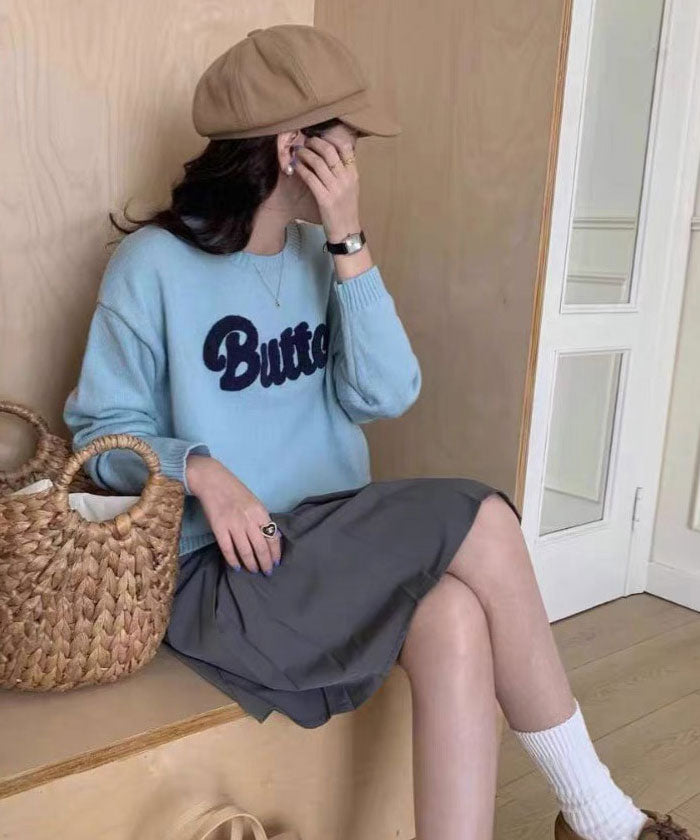 ビビッドレディ VIVIDLADY クルーネックニット セーター ニット ニットセーター ニットセーター レディース butter ロゴニット 長袖 秋冬 （スカイブルー） スカイブルー