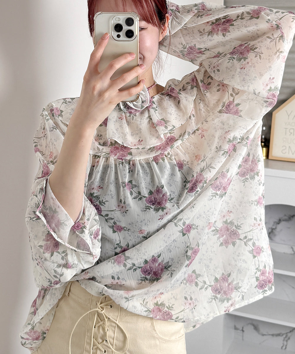 ビビッドレディ VIVIDLADY 花柄 シアーブラウス 長袖 チョーカー付 2WAY （ピンク） ピンク
