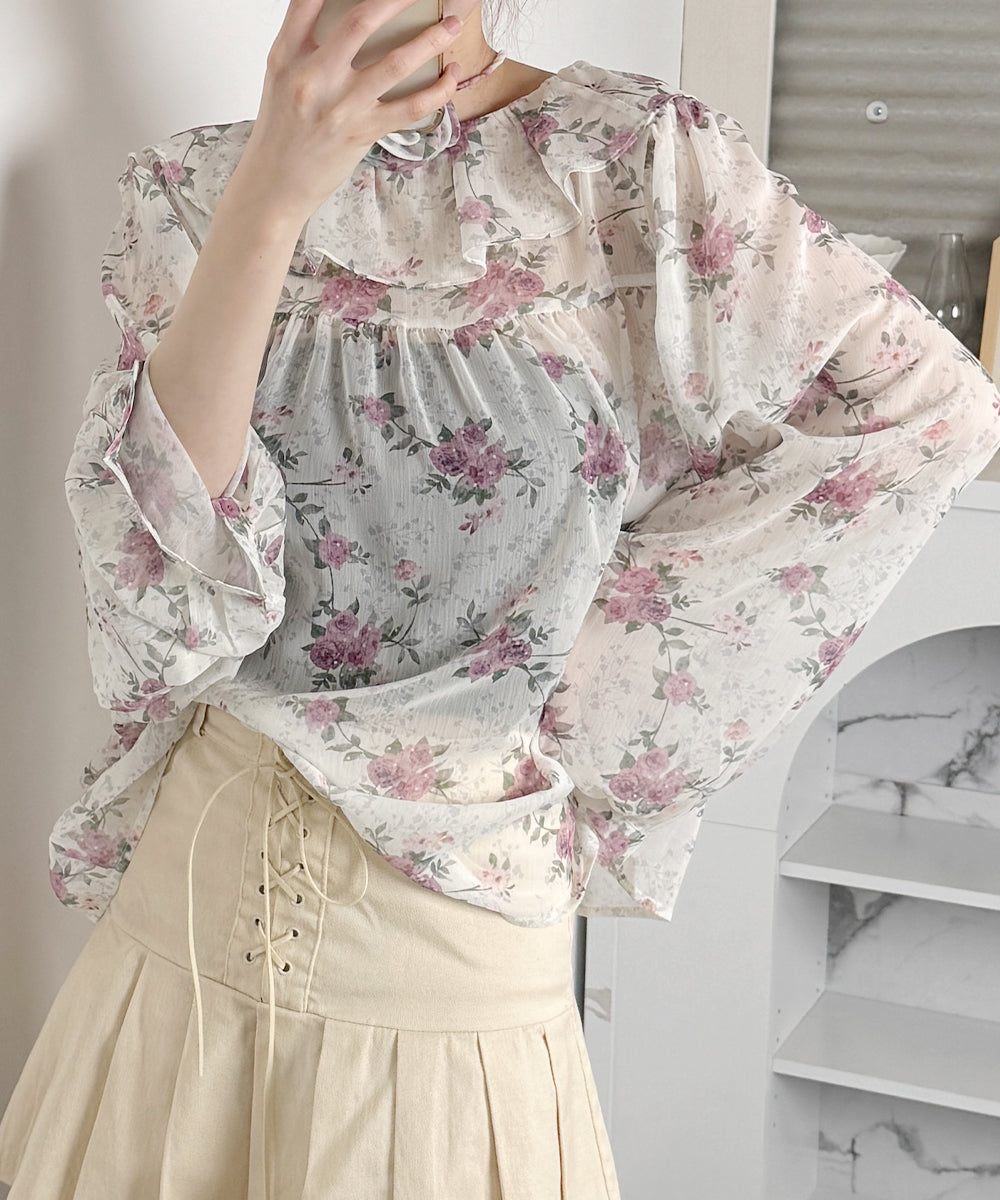 ビビッドレディ VIVIDLADY 花柄 シアーブラウス 長袖 チョーカー付 2WAY （ピンク） ピンク