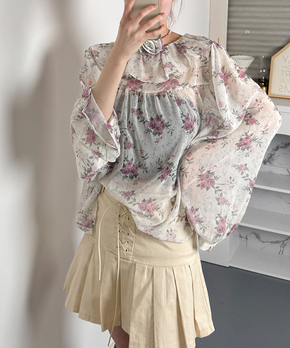 ビビッドレディ VIVIDLADY 花柄 シアーブラウス 長袖 チョーカー付 2WAY （ピンク） ピンク