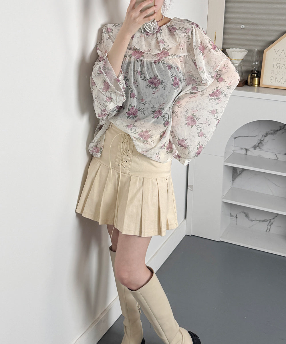 ビビッドレディ VIVIDLADY 花柄 シアーブラウス 長袖 チョーカー付 2WAY （ピンク） ピンク
