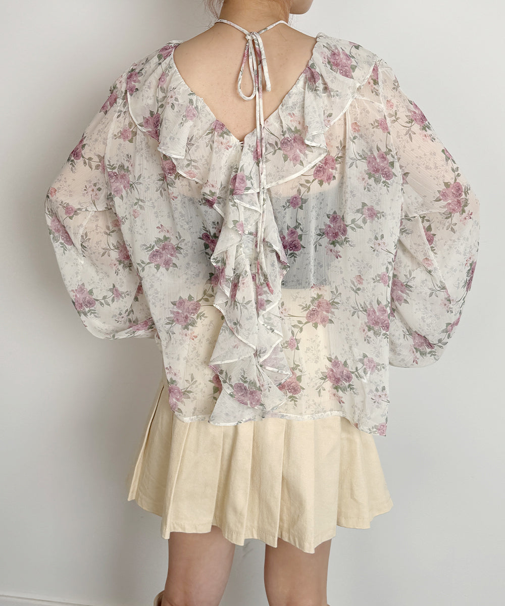 ビビッドレディ VIVIDLADY 花柄 シアーブラウス 長袖 チョーカー付 2WAY （ピンク） ピンク