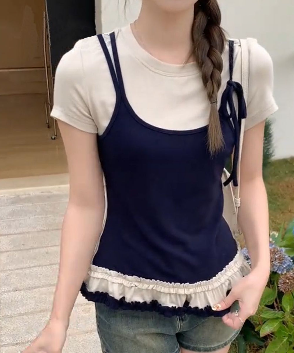ビビッドレディ VIVIDLADY キャミソール レイヤード風 フリルTシャツ （ベージュxネイビー） ベージュxネイビー