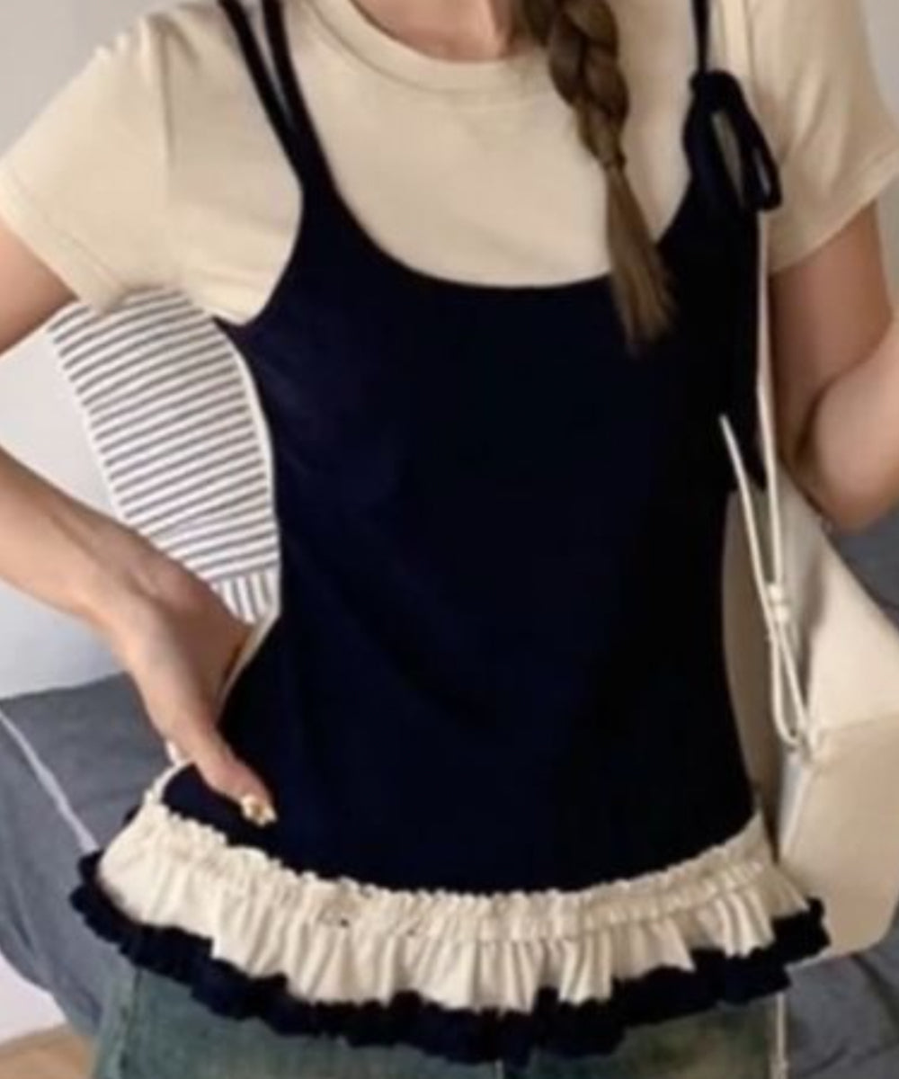 ビビッドレディ VIVIDLADY キャミソール レイヤード風 フリルTシャツ （ベージュxネイビー） ベージュxネイビー