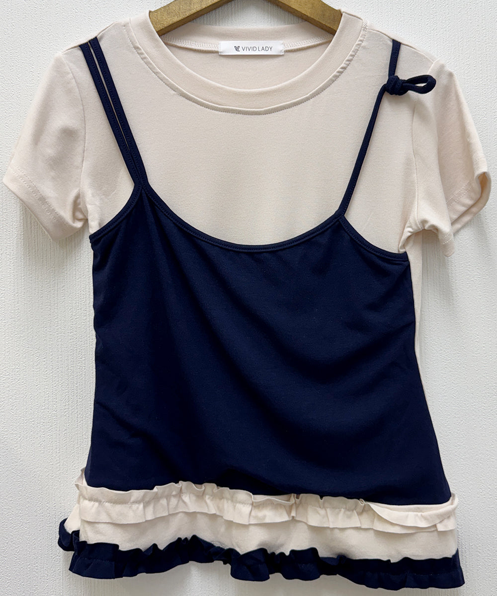 ビビッドレディ VIVIDLADY キャミソール レイヤード風 フリルTシャツ （ベージュxネイビー） ベージュxネイビー
