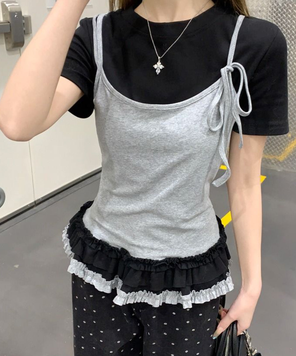 ビビッドレディ VIVIDLADY キャミソール レイヤード風 フリルTシャツ （ブラックxグレー） ブラックxグレー