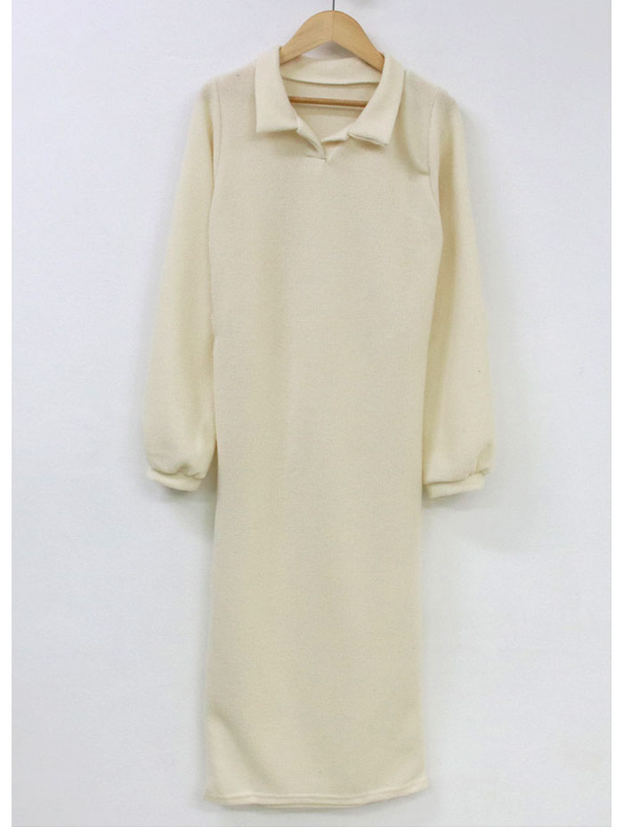 VIVIDLADY Fleece-Lined Collared Knit Long Dress Warm Dress for Women L
