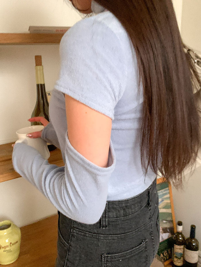 ビビッドレディ VIVIDLADY 袖スリットハイネックショルダーTシャツ長袖トップスレディース Y2K 秋冬 カットソー ハイネック トップス レイヤード 袖スリット 冬 韓国ファッション 可愛い デイリー （スカイブルー） スカイブルー