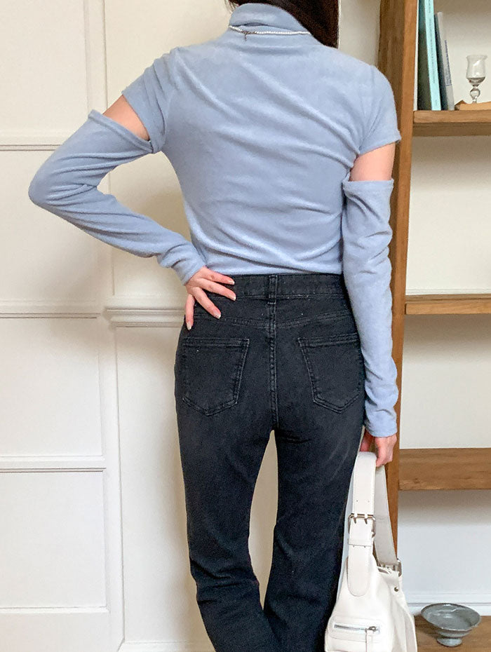 ビビッドレディ VIVIDLADY 袖スリットハイネックショルダーTシャツ長袖トップスレディース Y2K 秋冬 カットソー ハイネック トップス レイヤード 袖スリット 冬 韓国ファッション 可愛い デイリー （スカイブルー） スカイブルー