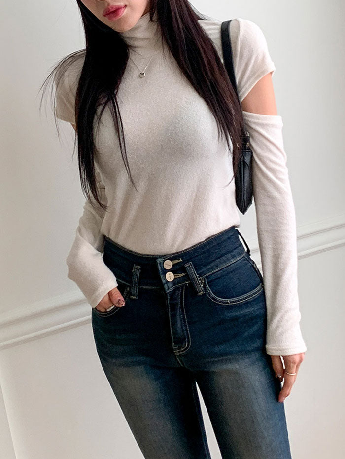 ビビッドレディ VIVIDLADY 袖スリットハイネックショルダーTシャツ長袖トップスレディース Y2K 秋冬 カットソー ハイネック トップス レイヤード 袖スリット 冬 韓国ファッション 可愛い デイリー （アイボリー） アイボリー