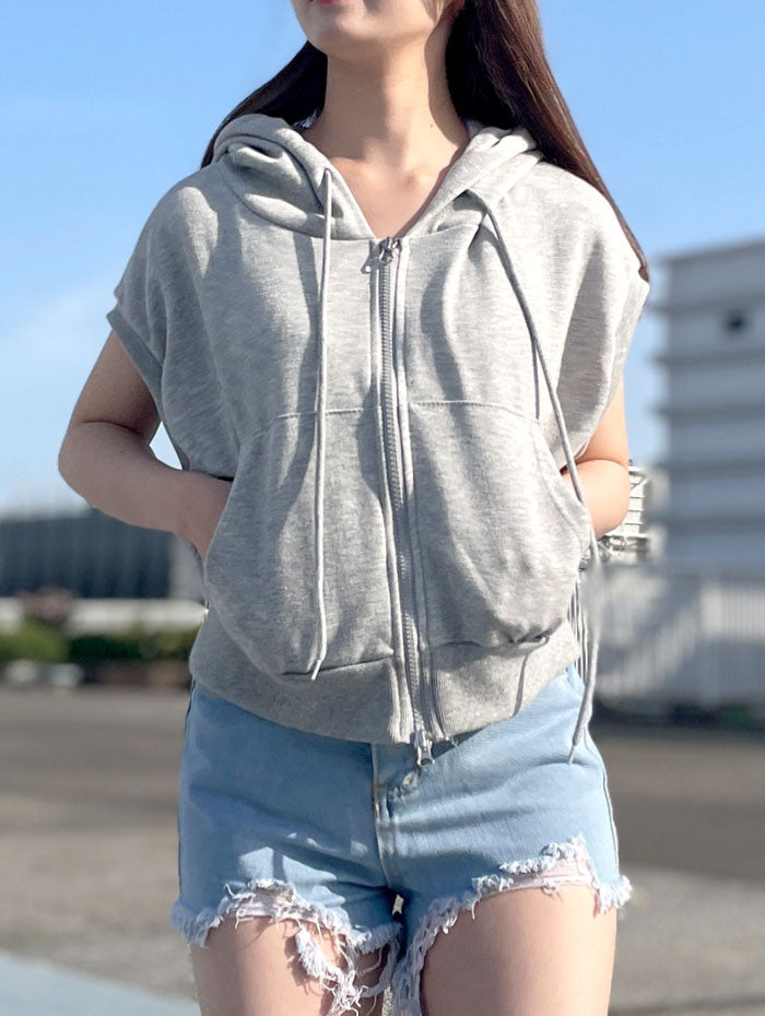 ビビッドレディ VIVIDLADY フード付きノースリーブジャケット アウター レディース 夏 ノースリーブパーカー 韓国ファッション ショート丈 ジャケット フード付き アウター レディース 韓国 （グレー） グレー