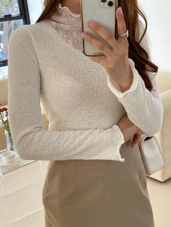 ビビッドレディ VIVIDLADY レースハイネック長袖Tシャツレディース （アイボリー） アイボリー