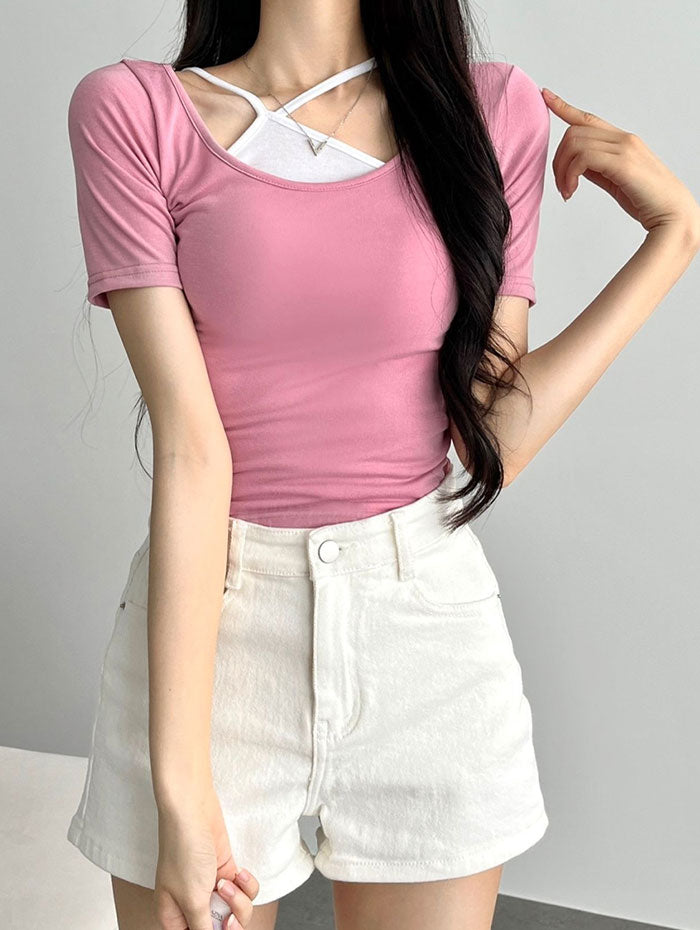 ビビッドレディ VIVIDLADY 2wayクロップド半袖tシャツ+キャミソール （ピンク） ピンク