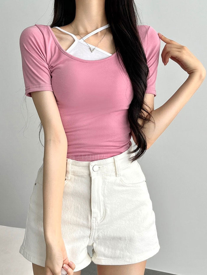 ビビッドレディ VIVIDLADY 2wayクロップド半袖tシャツ+キャミソール （ピンク） ピンク