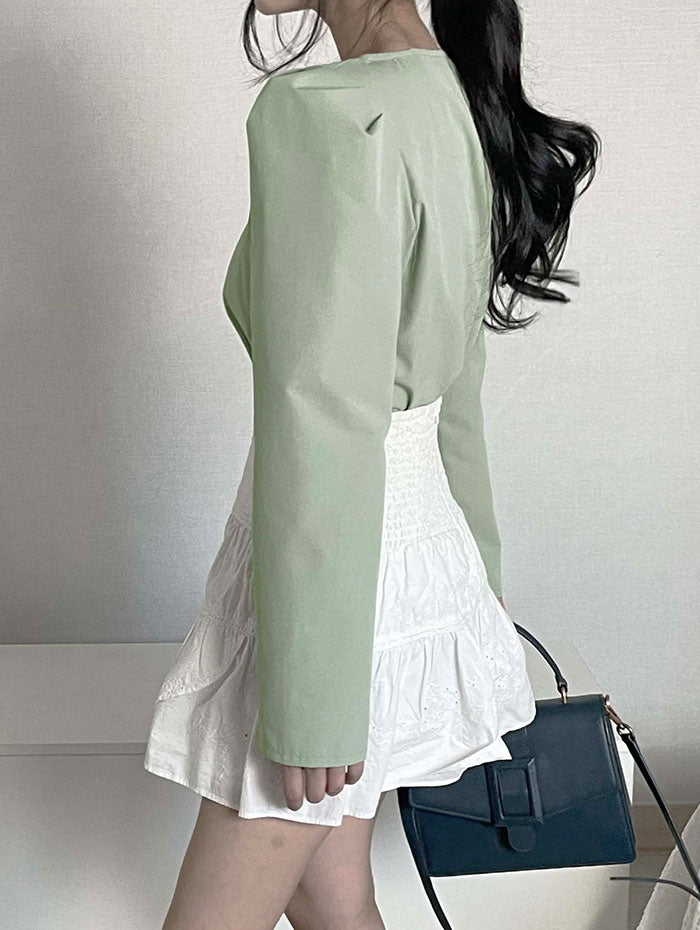 ビビッドレディ VIVIDLADY ピンタック袖vネックブラウス 長袖 全4色 （グリーン） グリーン