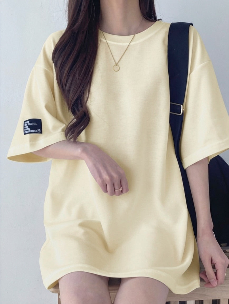 ビビッドレディ VIVIDLADY オーバーフィット袖パッチ入り半袖tシャツ レディース ロゴ入り 半袖tシャツ オーバーフィット tシャツ ゆったり トップス クルーネック デイリー オーバーフィッ （クリーム） クリーム