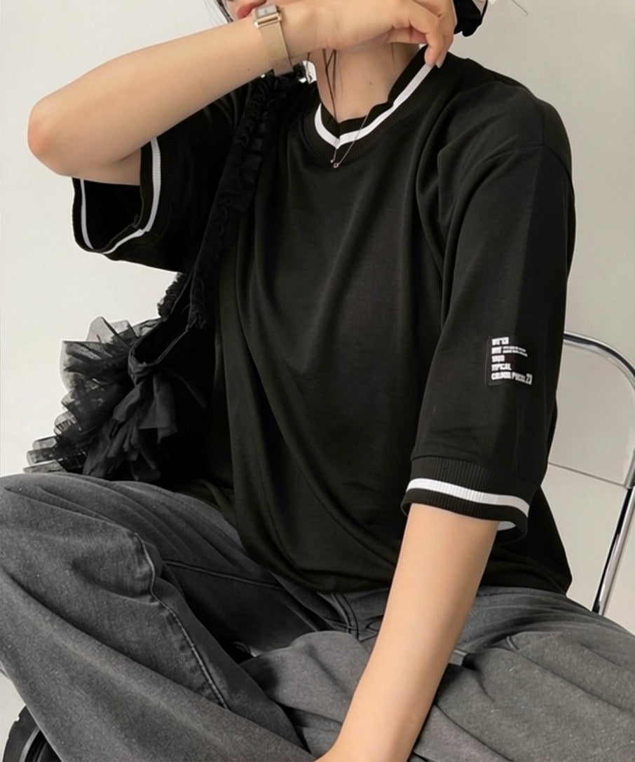 ビビッドレディ VIVIDLADY オーバーフィット袖パッチ入り半袖tシャツ レディース ロゴ入り 半袖tシャツ オーバーフィット tシャツ ゆったり トップス クルーネック デイリー オーバーフィッ （ブラックxホワイト） ブラックxホワイト
