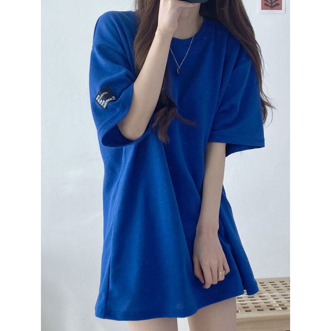 ビビッドレディ VIVIDLADY オーバーフィット袖パッチ入り半袖tシャツ レディース ロゴ入り 半袖tシャツ オーバーフィット tシャツ ゆったり トップス クルーネック デイリー オーバーフィッ ブルー