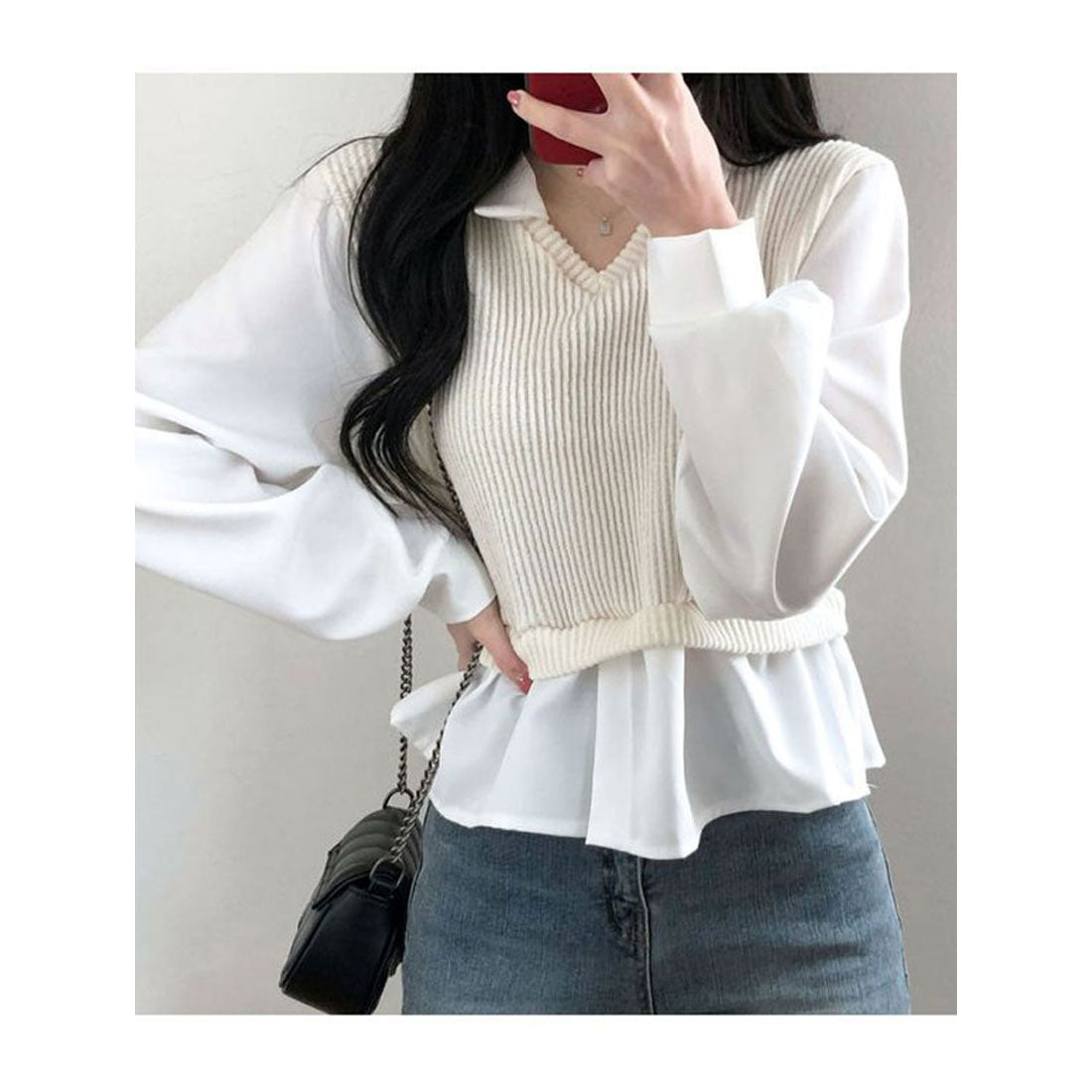 ビビッドレディ VIVIDLADY 春先行 襟付きフリルブラウス 長袖 レディース ショート丈 長袖 シャツコンビネーションニット 長袖 韓国ファッション レディース トップス 春 襟付き ブラウス ベージュ