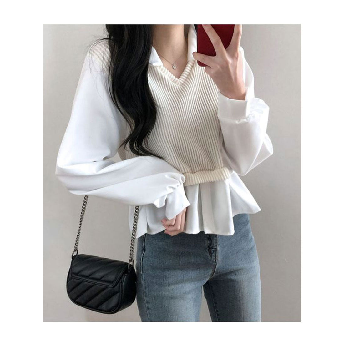 ビビッドレディ VIVIDLADY 春先行 襟付きフリルブラウス 長袖 レディース ショート丈 長袖 シャツコンビネーションニット 長袖 韓国ファッション レディース トップス 春 襟付き ブラウス ベージュ