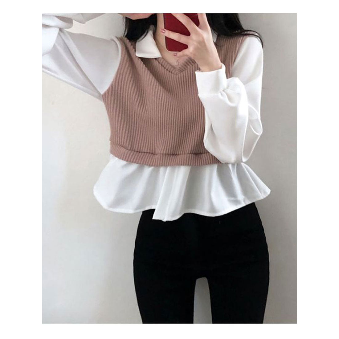 ビビッドレディ VIVIDLADY 春先行 襟付きフリルブラウス 長袖 レディース ショート丈 長袖 シャツコンビネーションニット 長袖 韓国ファッション レディース トップス 春 襟付き ブラウス ベージュ