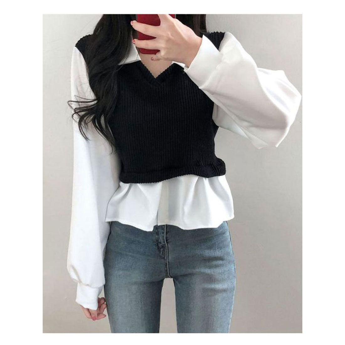 ビビッドレディ VIVIDLADY 春先行 襟付きフリルブラウス 長袖 レディース ショート丈 長袖 シャツコンビネーションニット 長袖 韓国ファッション レディース トップス 春 襟付き ブラウス ベージュ