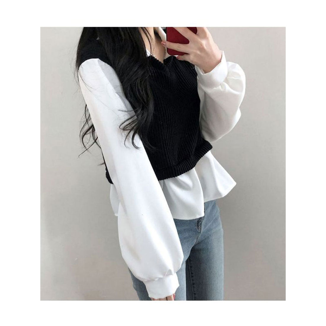 ビビッドレディ VIVIDLADY 春先行 襟付きフリルブラウス 長袖 レディース ショート丈 長袖 シャツコンビネーションニット 長袖 韓国ファッション レディース トップス 春 襟付き ブラウス ベージュ