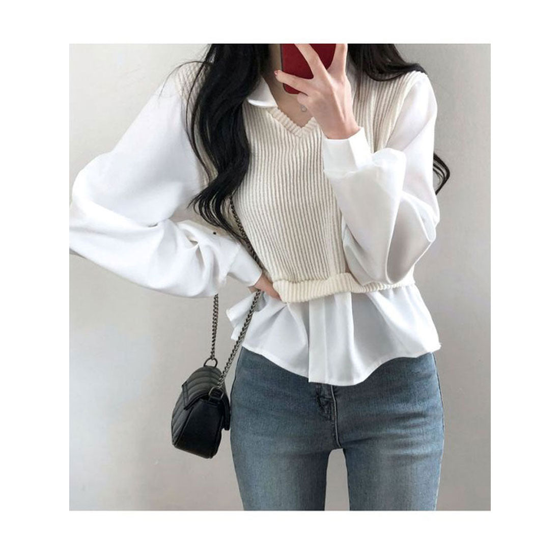 ビビッドレディ VIVIDLADY 春先行 襟付きフリルブラウス 長袖 レディース ショート丈 長袖 シャツコンビネーションニット 長袖 韓国ファッション レディース トップス 春 襟付き ブラウス ベージュ