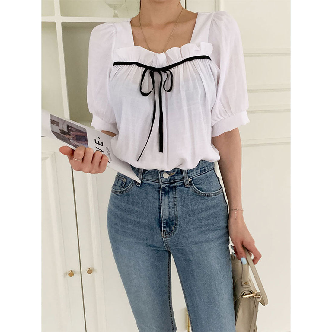 ビビッドレディ VIVIDLADY リボン付きふんわりスリーブブラウス 全4色 レディース （アイボリー） アイボリー