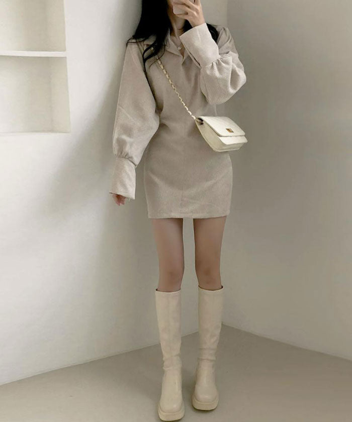 ビビッドレディ VIVIDLADY ワンピース レディース きれいめ 長袖 襟付き コーデュロイワンピ （ベージュ） ベージュ