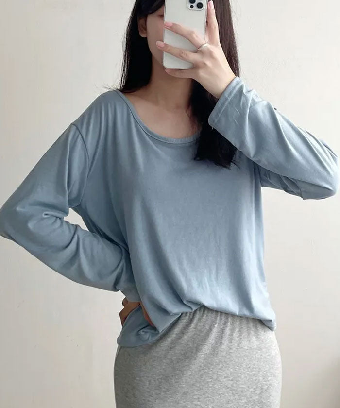 ビビッドレディ VIVIDLADY ベーシックUネックtシャツ長袖,スカイブルー