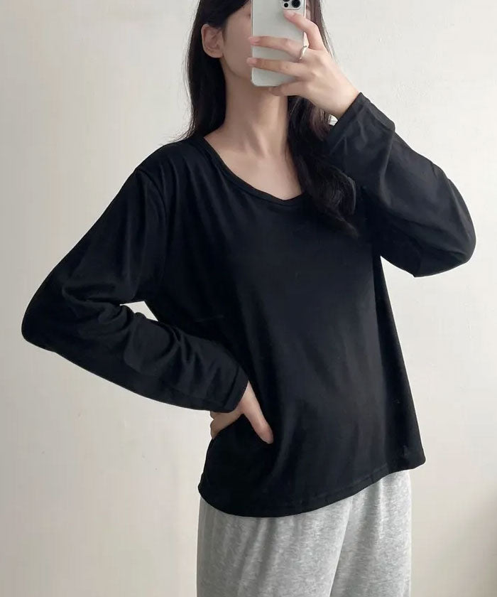 ビビッドレディ VIVIDLADY ベーシックUネックtシャツ長袖,ブラック