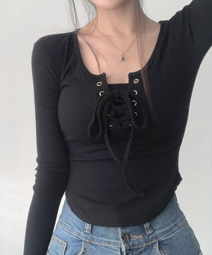 VIVIDLADY Vivid Lady Square Neck Lace-Up Rib T-Shirt Top