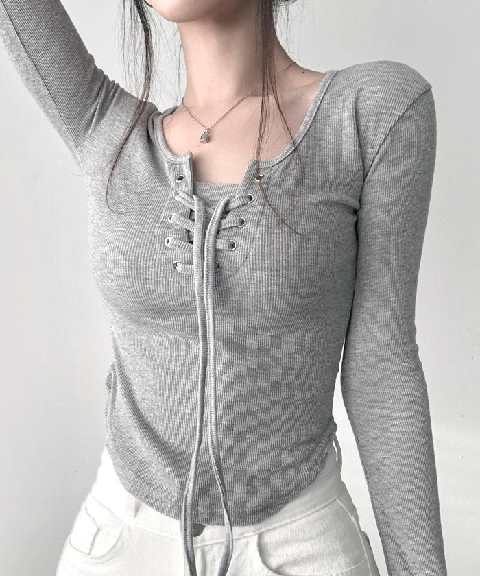 VIVIDLADY Vivid Lady Square Neck Lace-Up Rib T-Shirt Top