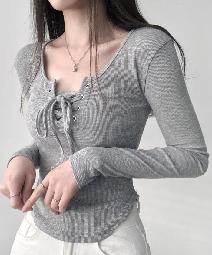 VIVIDLADY Vivid Lady Square Neck Lace-Up Rib T-Shirt Top