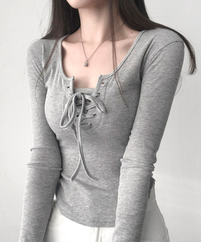 VIVIDLADY Vivid Lady Square Neck Lace-Up Rib T-Shirt Top