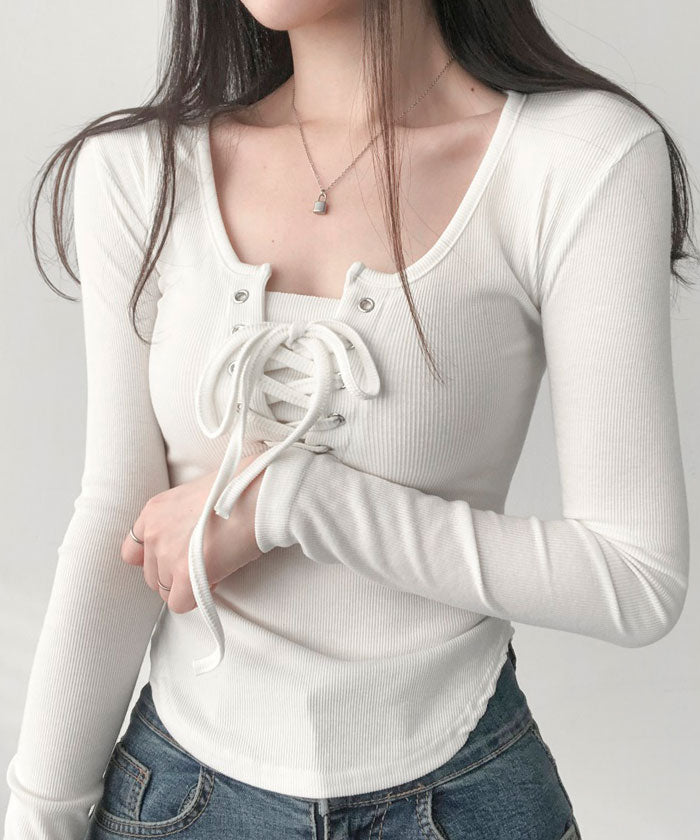 VIVIDLADY Vivid Lady Square Neck Lace-Up Rib T-Shirt Top