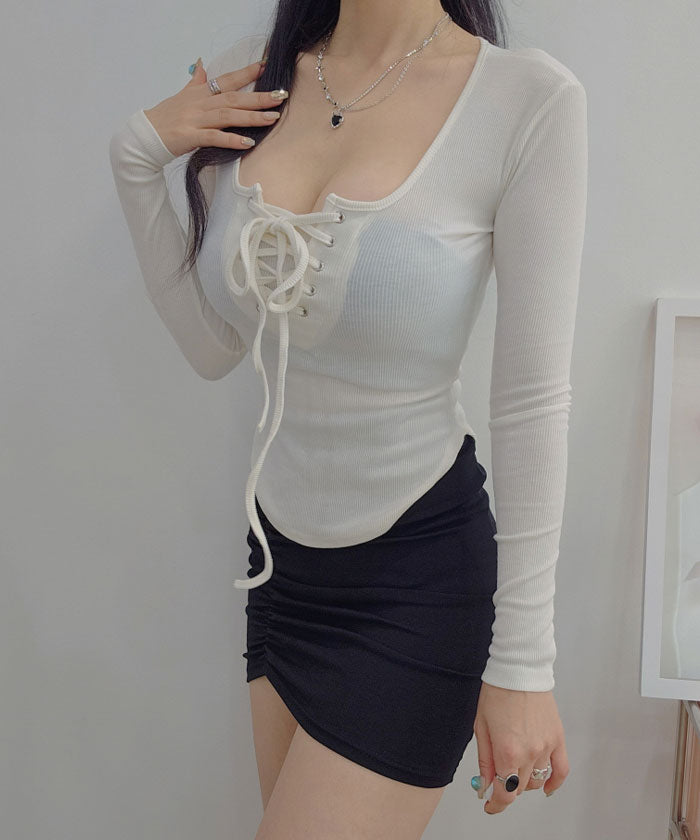 VIVIDLADY Vivid Lady Square Neck Lace-Up Rib T-Shirt Top