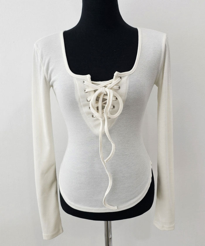 VIVIDLADY Vivid Lady Square Neck Lace-Up Rib T-Shirt Top