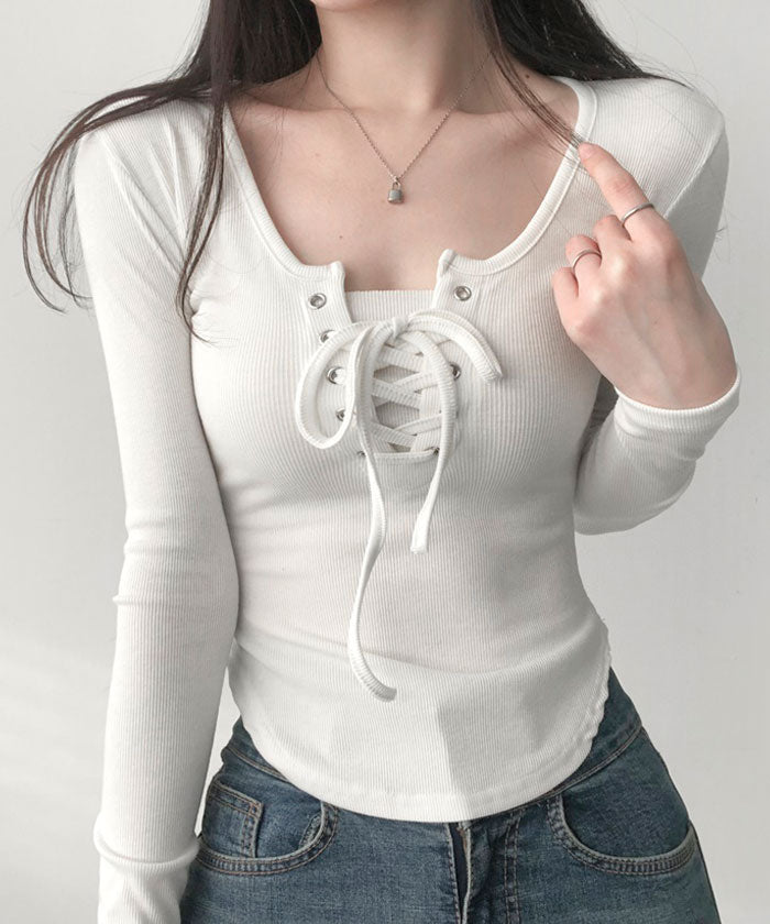 VIVIDLADY Vivid Lady Square Neck Lace-Up Rib T-Shirt Top