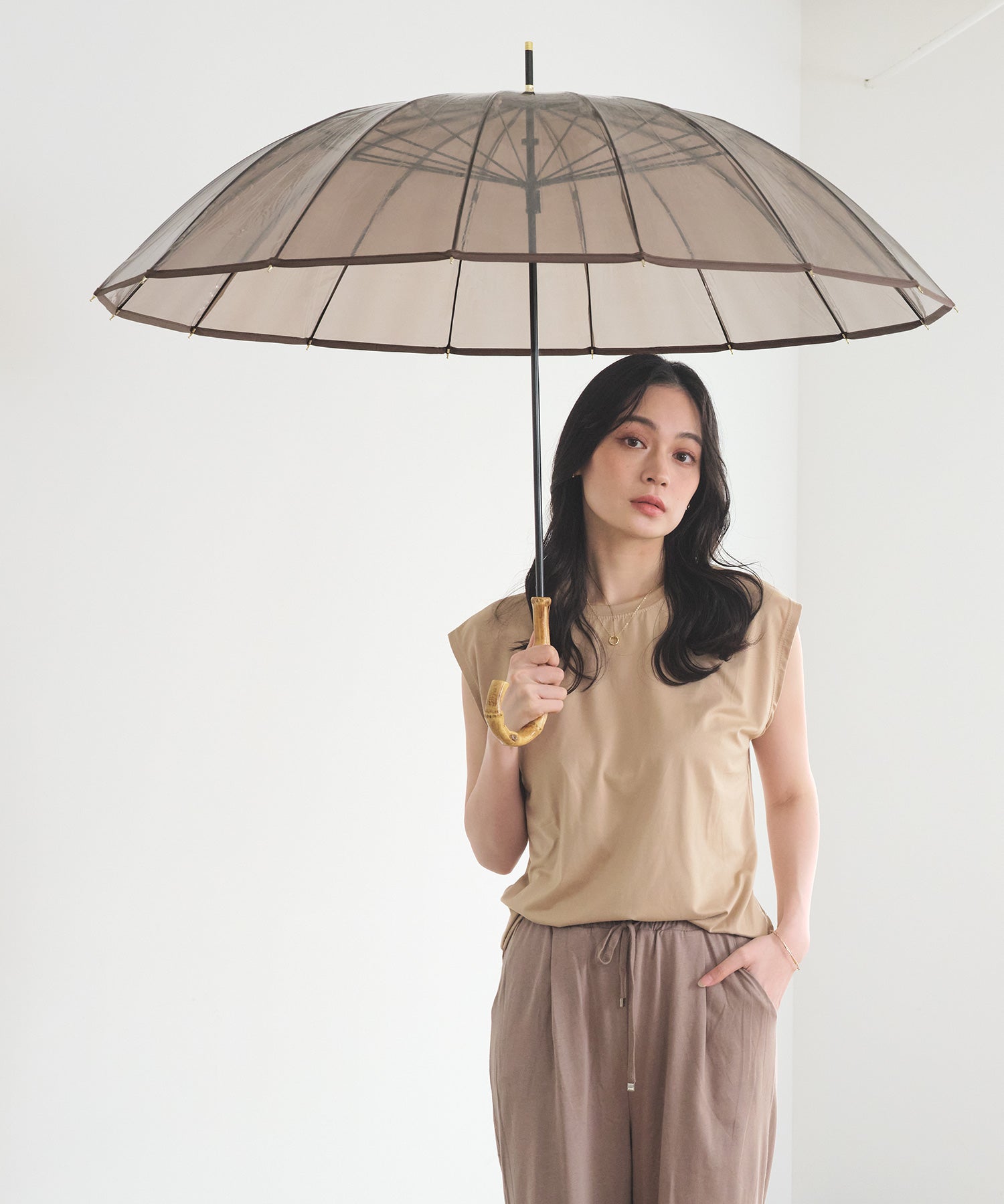 【Wpc.公式】16本骨 大きい ビニール傘 プラスティックパイピング 親骨60cm 傘 大きめ 16本傘 丈夫 風に強い レディース 長傘（ブラウン） ブラウン