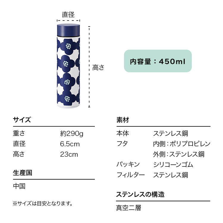 【Wpc.公式】ステンレスボトル 450ml 保温 保冷 水筒 おしゃれ 可愛い 北欧 レディース 女性 通勤 通学 ギフト プレゼント【返品不可商品】 （花と鳥ブルー） 花と鳥ブルー