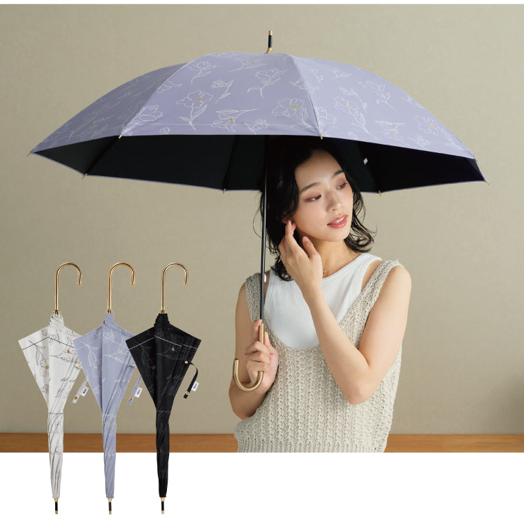 【Wpc.公式】日傘 遮光フラワードローイング 大きい 完全遮光 遮熱 晴雨兼用 レディース 長傘 （ブラック） ブラック