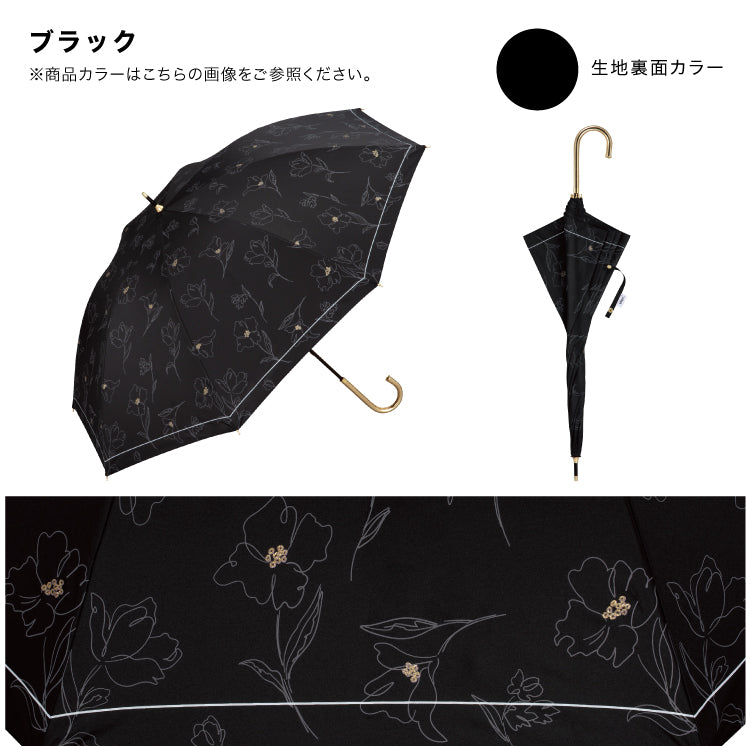 【Wpc.公式】日傘 遮光フラワードローイング 大きい 完全遮光 遮熱 晴雨兼用 レディース 長傘 （ブラック） ブラック