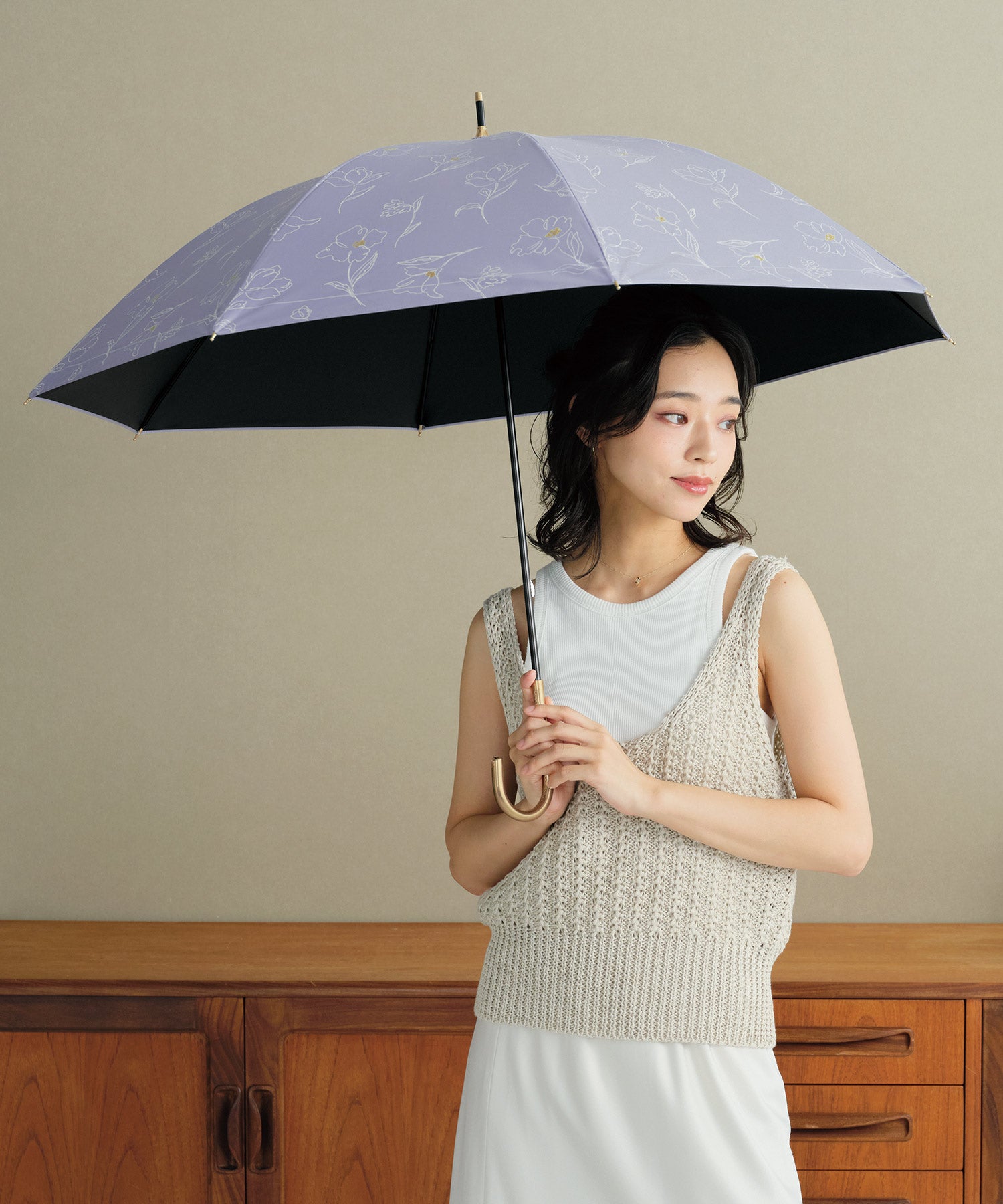 【Wpc.公式】日傘 遮光フラワードローイング 大きい 完全遮光 遮熱 晴雨兼用 レディース 長傘 （ブルーグレー） ブルーグレー